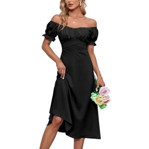 LYANER Off Shoulder Black Ruffle Puff Short Sleeve Ruched Tie Back Dress Sz XL